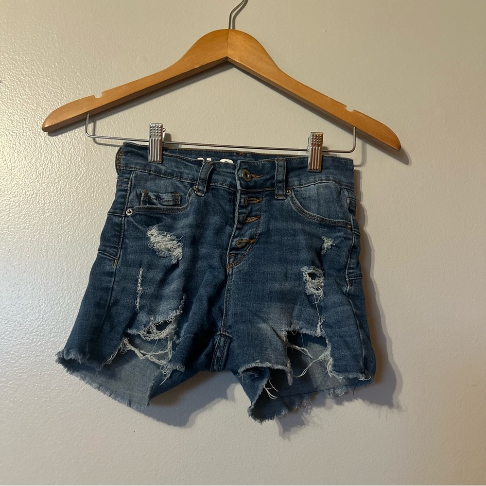 Womens SONG Jean Shorts Denim size‎ 00/23 Curvy High Rise Button Up Distressed